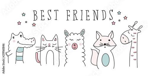 cat, llama, giraffe, crocodile, fox, best friends animal cartoon vector set illustration