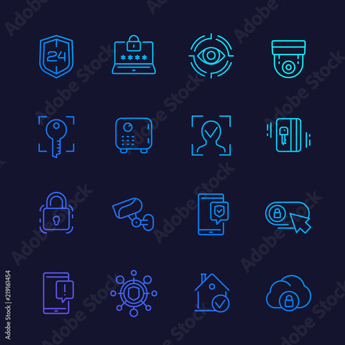 Security line icons set, biometric screening, face recognition, secure server and software