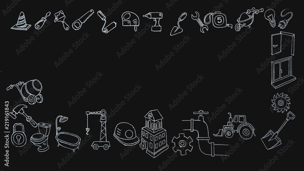Animated signs of building hand drawning chalk progress on a black background. Animated signs of building hand drawning chalk progress on a black background.