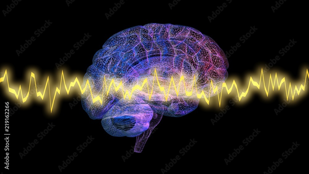 Brainwaves in front of glowing brain. 3d render wire frame model - obrazy, fototapety, plakaty 
