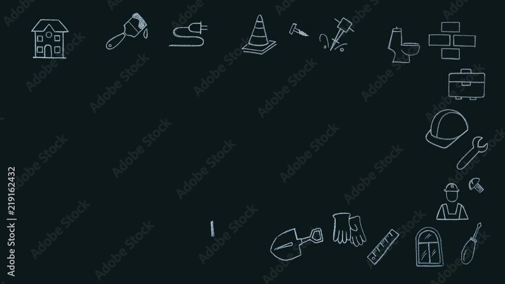 Animated signs of building hand drawning chalk progress on a black background. Animated signs of building hand drawning chalk progress on a black background.