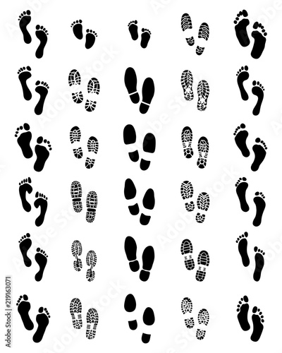 Black prints of shoes and human feet on a white background