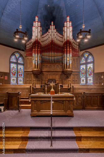 Interior of the historic Central United Church of Lunenburg, Nova Scotia