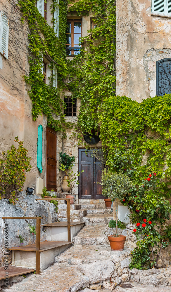 Old buildings and narrow streets in the picturesque medieval city of Eze Village in the South of France along the Mediterranean Sea
