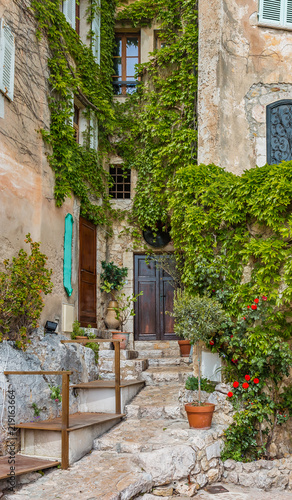 Old buildings and narrow streets in the picturesque medieval city of Eze Village in the South of France along the Mediterranean Sea