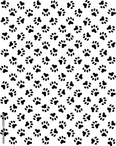 Seamless pattern of print of dogs paws on a white background