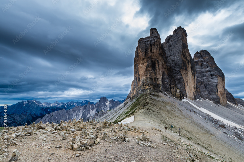Sunset at Tre Cime di Lavaredo National Park. Drei Zinnen, Trentino Alto Adige, South Tirol, Dolomites mountains, Italy Sunset at Tre Cime di Lavaredo National Park. Drei Zinnen, Trentino Alto Adige, South Tirol, Dolomites mountains, Italy