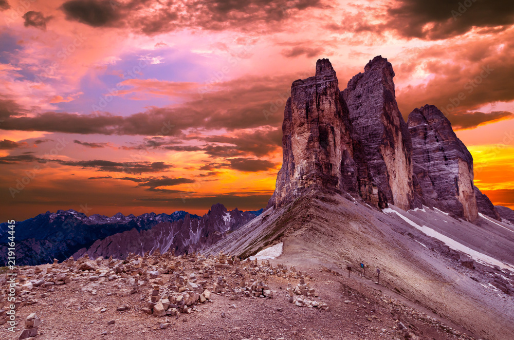 Fototapeta premium Sunset at Tre Cime di Lavaredo National Park. Drei Zinnen, Trentino Alto Adige, South Tirol, Dolomites mountains, Italy
