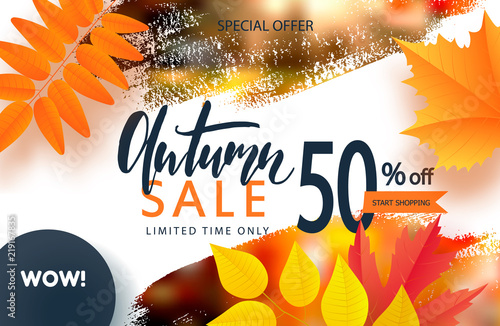 Creative autumn background with colorful leaves and brush stroke. Sale banner template Fall seasonal poster or card. Vector illustration.