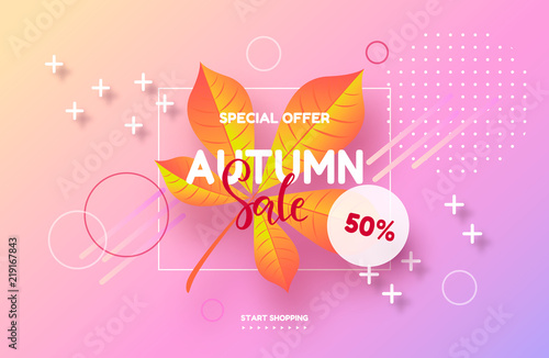 Trendy background with autumn leaf and geometric shapes. Sale banner template Fall seasonal poster or card. Vector illustration.