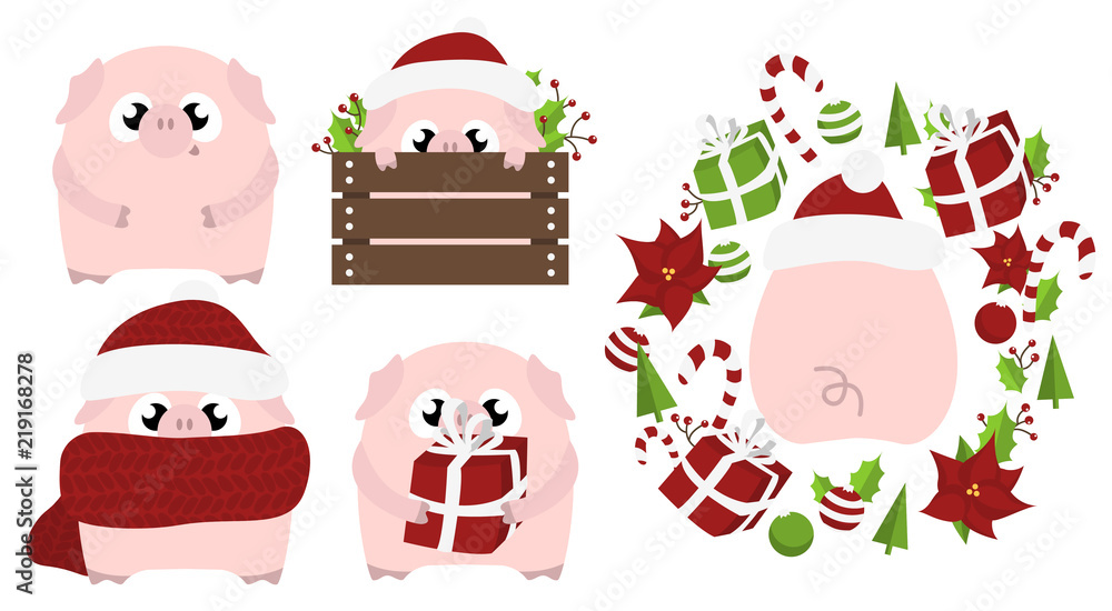 Set of 5 chinese symbol of the 2019 year pig with different emotions Set of 5 chinese symbol of the 2019 year pig with different emotions