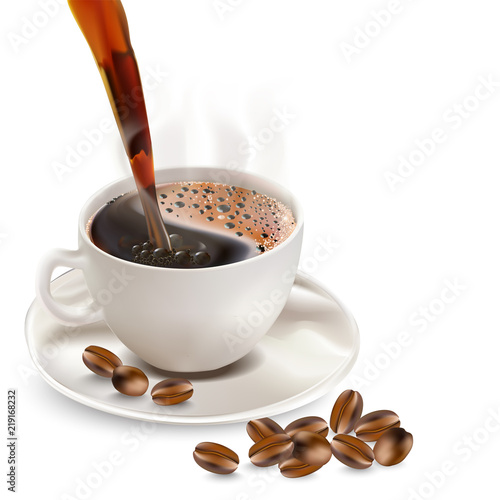 Coffee cup and coffee cup Coffee beans on the side On white backdrop