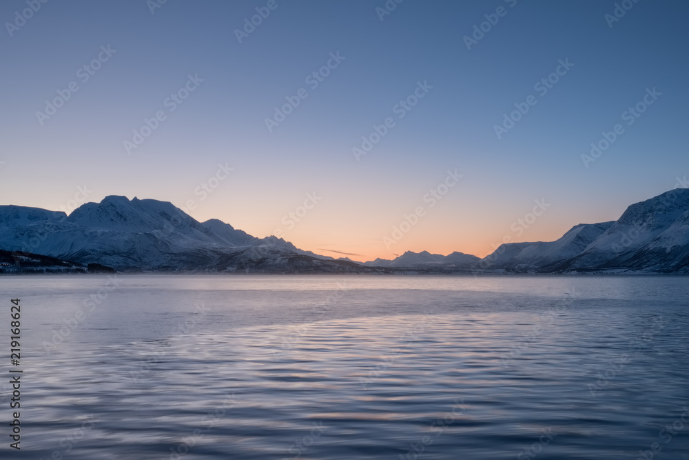 Landscape of Norway in winter. Polar night in Norway.