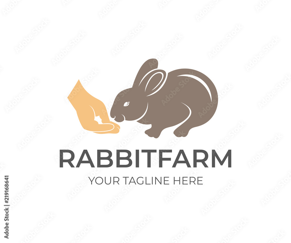 Fototapeta premium Rabbit eats food with hand person's, logo design. Rabbit farm, agriculture, farming and agricultural, vector design. Nature and wildlife, illustration