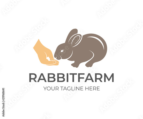 Rabbit eats food with hand person's, logo design. Rabbit farm, agriculture, farming and agricultural, vector design. Nature and wildlife, illustration