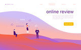 Vector web page concept design with online review theme. Office people stand with gadgets - laptop, tablet, smartphone - give stars rating. Thumb up, stars line icons. Landing page, mobile app, site.