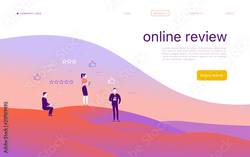 Vector web page concept design with online review theme. Office people stand with gadgets - laptop, tablet, smartphone - give stars rating. Thumb up, stars line icons. Landing page, mobile app, site.
