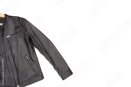 Black leather jacket on white background. There is room for your writing