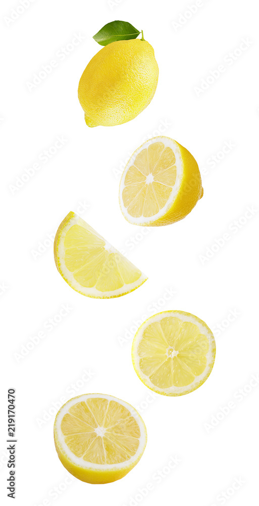 Flying lemon fruits isolated on white background