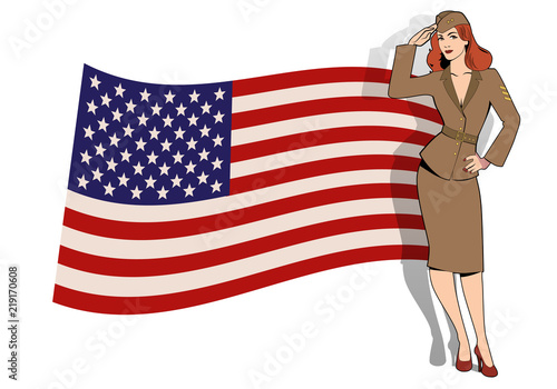 Army girl in retro style wearing soldiers uniform from the 40s or 50s doing military salute and USA flag on the background