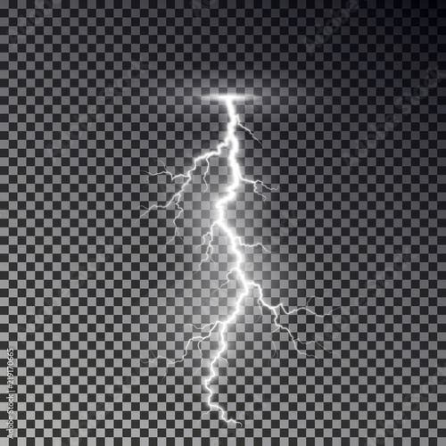 Lightning bolt isolated on dark checkered background. Transparent thunderbolt flah effect. Realistic