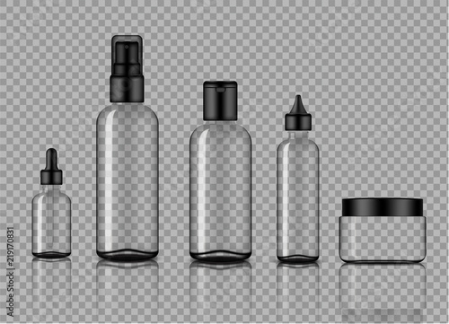 Mock up Realistic Glossy Transparent Glass Cosmetic Soap, Shampoo, Cream, Oil Dropper and Spray Bottles Set With Black Cap for Skincare Product Background Illustration