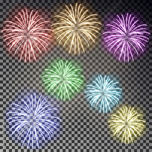 Festive fireworks set. Christmas firecracker light effect isolated on dark background. Firework deco