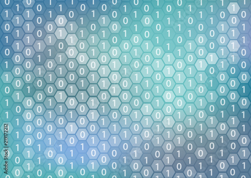 Quantum computing or digitization vector background displaying bits and hexagon shapes