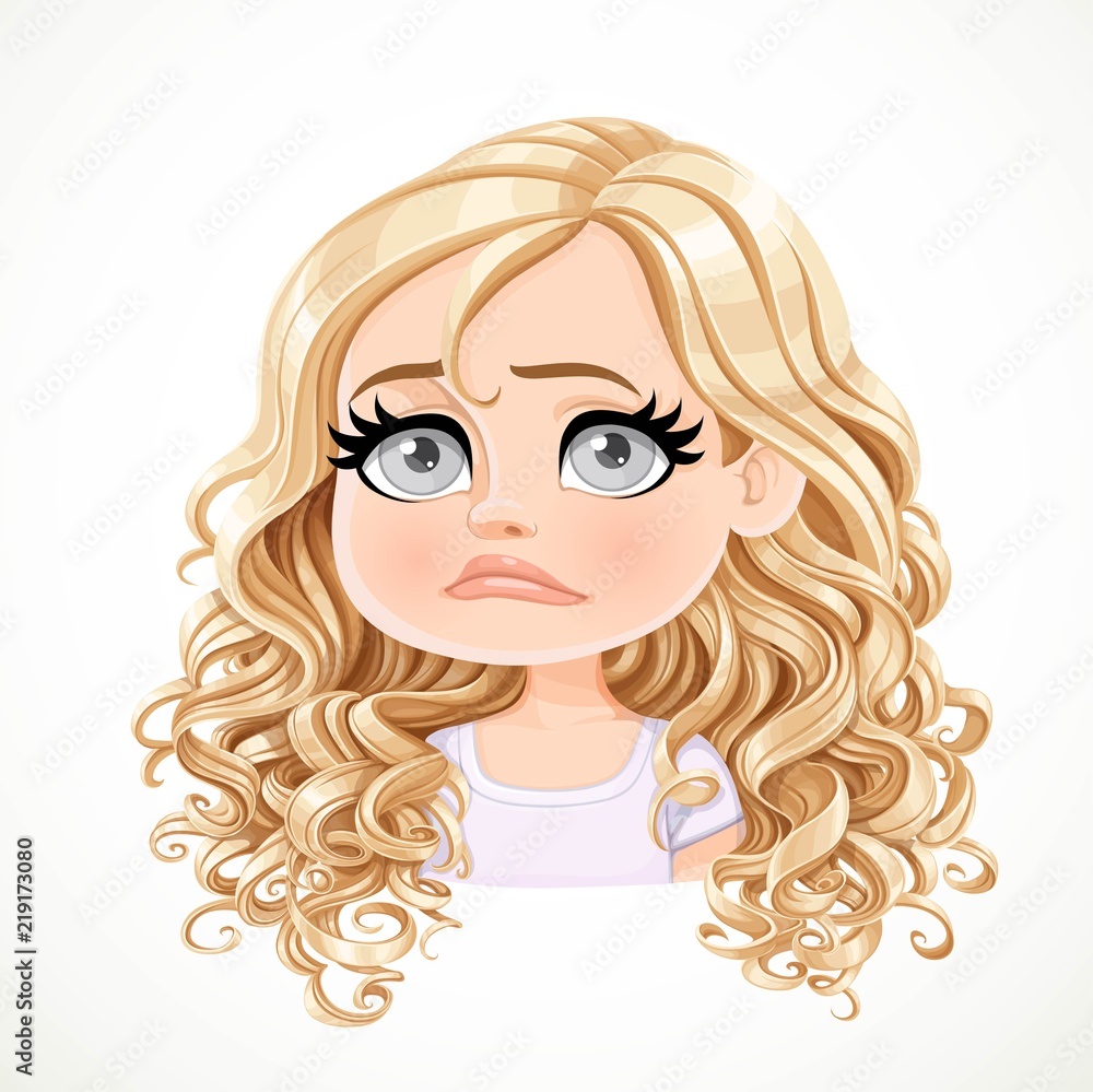 Beautiful upset sad cartoon blond girl with magnificent curly hair portrait  isolated on white background Stock Vector | Adobe Stock