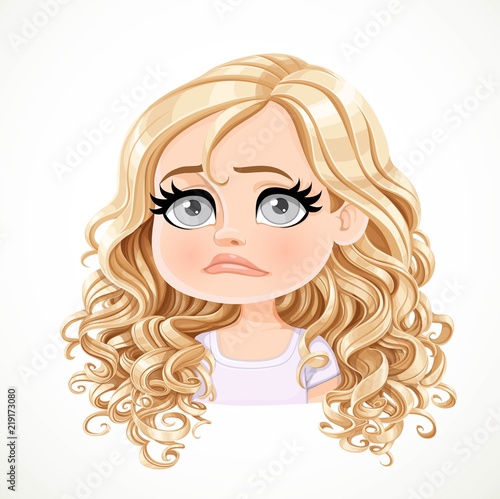 Beautiful upset sad cartoon blond girl with magnificent curly hair portrait isolated on white background