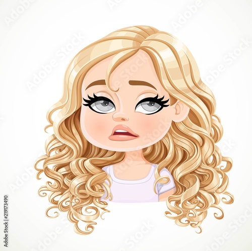 Beautiful tired cartoon blond girl with magnificent curly hair portrait isolated on white background