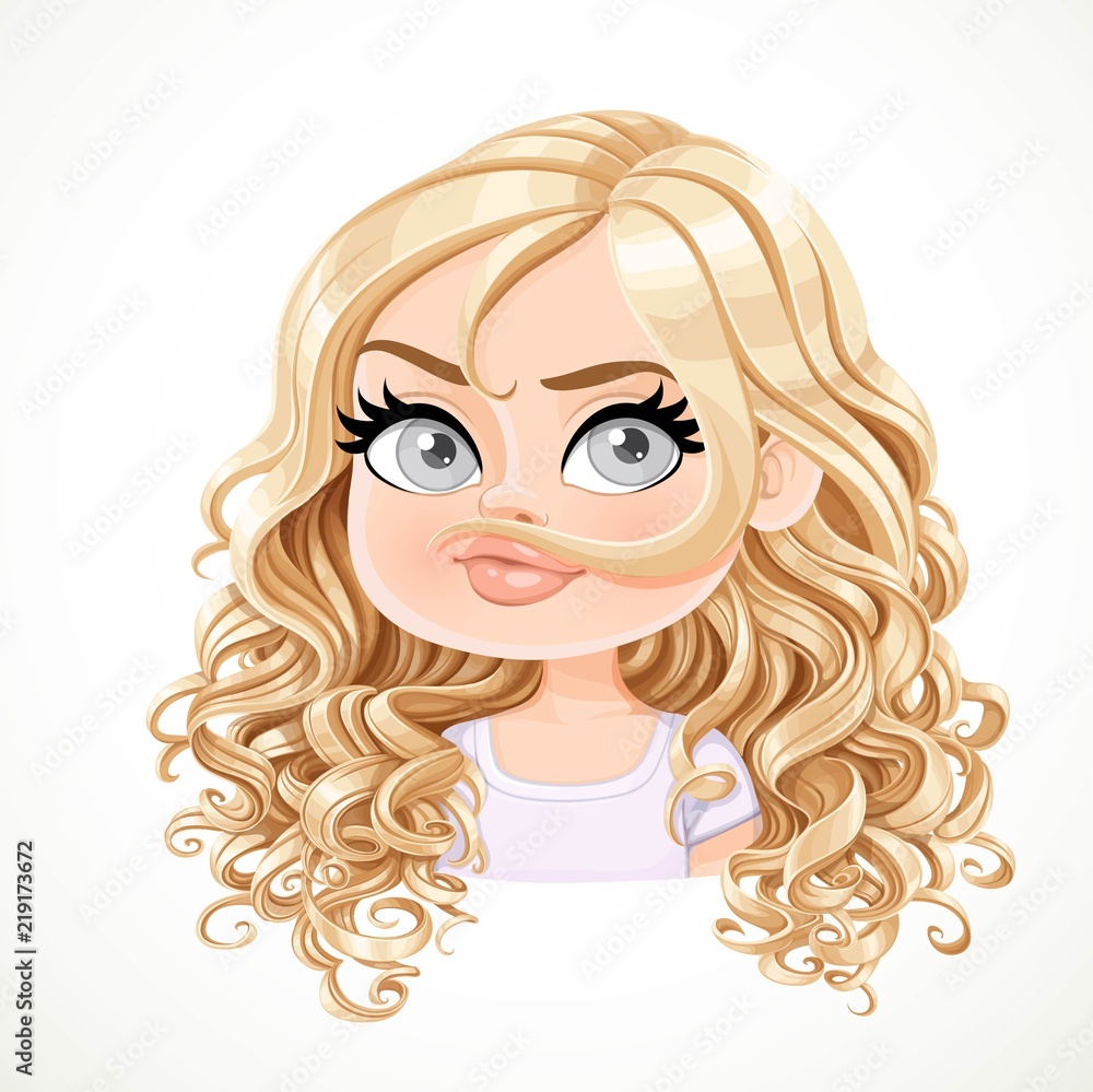 Beautiful silly makes a mustache out of hair cartoon blond girl with magnificent curly hair portrait isolated on white background Beautiful silly makes a mustache out of hair cartoon blond girl with magnificent curly hair portrait isolated on white background