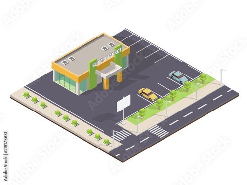Isometric market mall place with parking low poly 3d