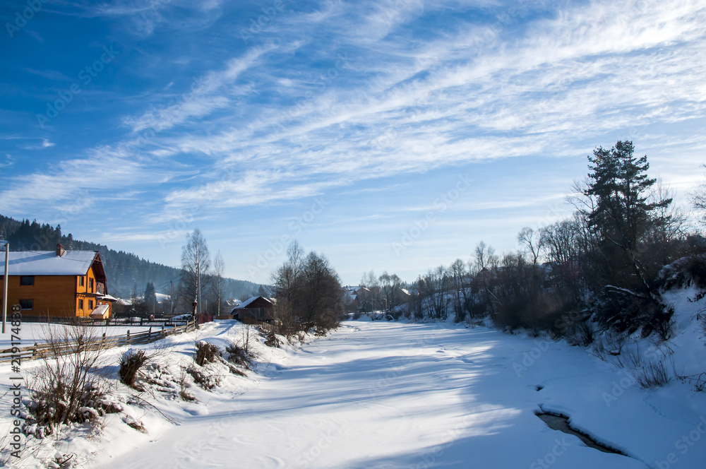 Winter, snow, landscape, river, Carpathians, New Year, Christmas