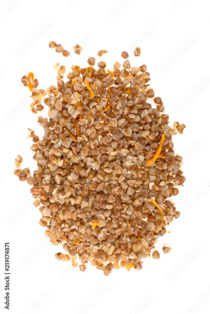 pile of boiled buckwheat porridge on white background