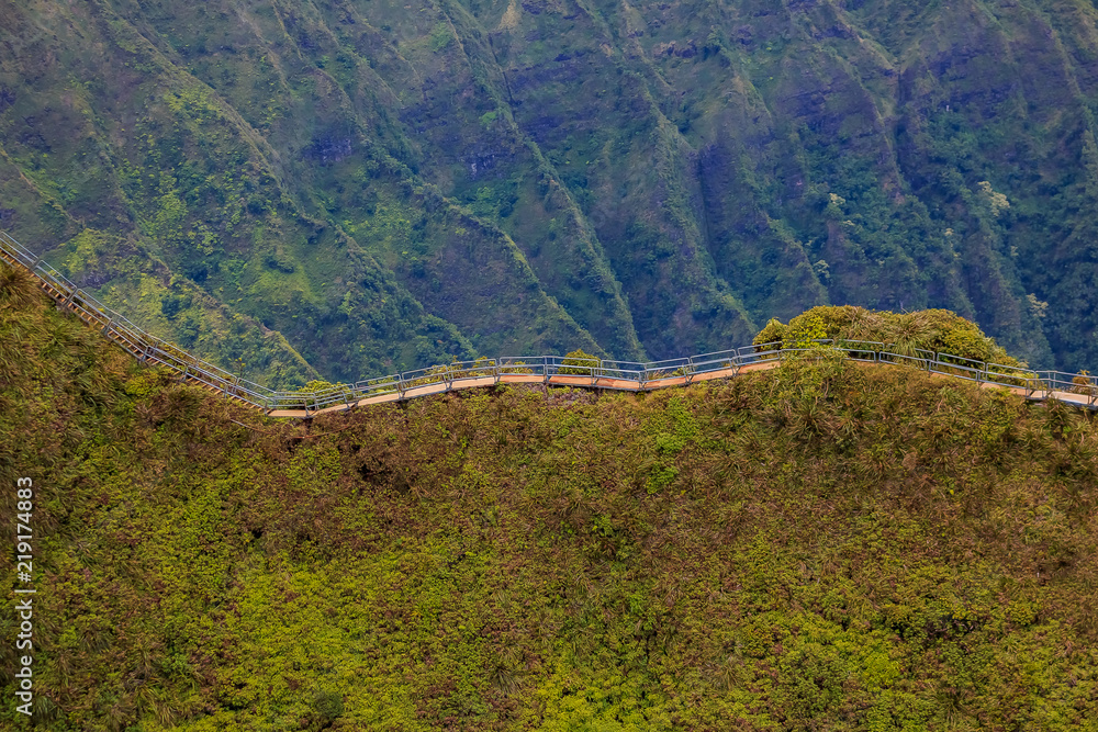 Aerial view of Haiku Stairs, also known as the Stairway to Heaven in Honolulu in Hawaii from a helicopter