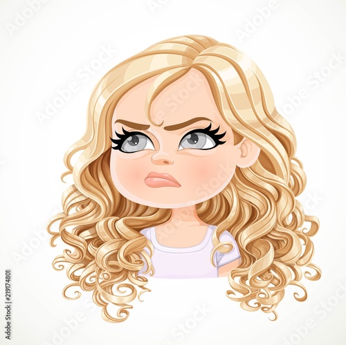Beautiful offended cartoon blonde girl with magnificent curly hair portrait isolated on white background