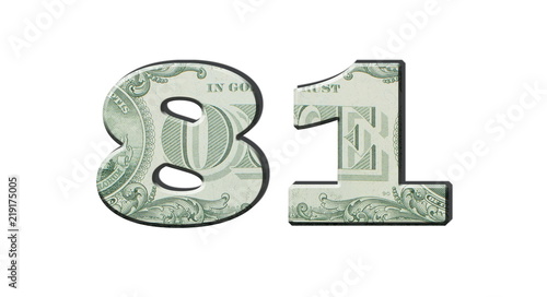 81 Number. American dollar banknotes. Money texture. Isolated on white background
