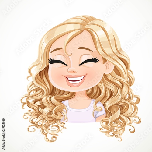 Beautiful happy cartoon blond girl with magnificent curly hair portrait isolated on white background