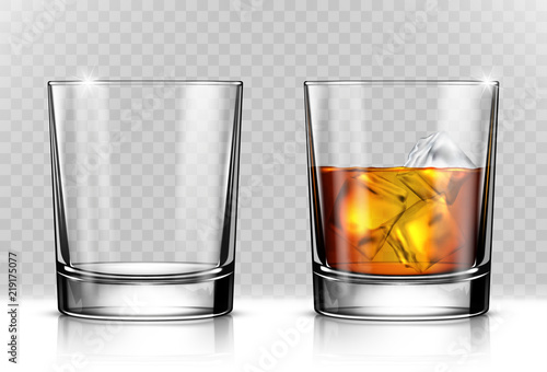 Glass of scotch whiskey and ice on transparent background