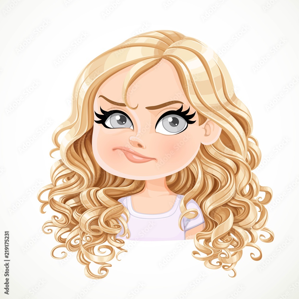 Beautiful doubt cartoon blond girl with magnificent curly hair portrait isolated on white background Beautiful doubt cartoon blond girl with magnificent curly hair portrait isolated on white background