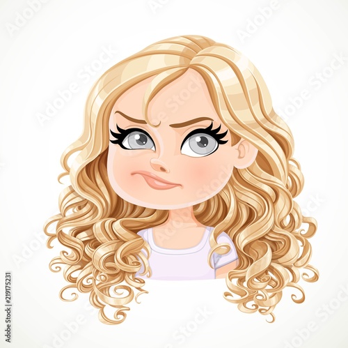 Beautiful doubt cartoon blond girl with magnificent curly hair portrait isolated on white background