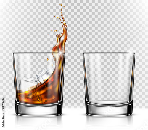 Empty and full whiskey glass with ice cubes