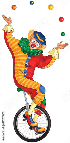 Cartoon circus clown juggling balls on unicycle