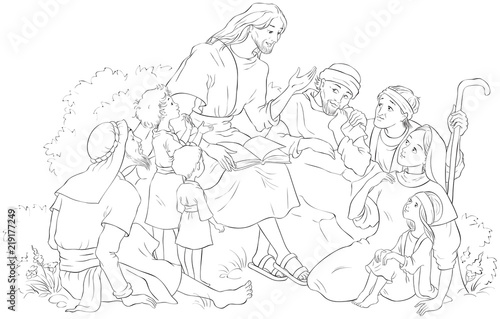 Jesus preaching to a group of people. Coloring page