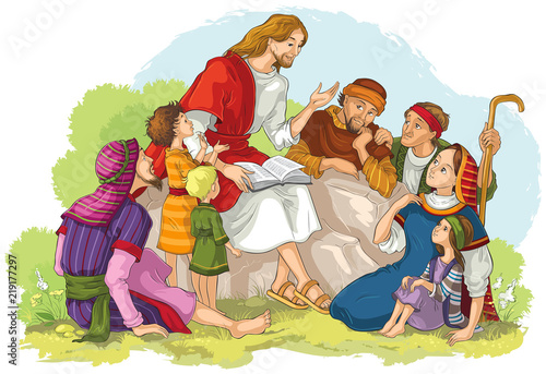 Jesus preaching to a group of people