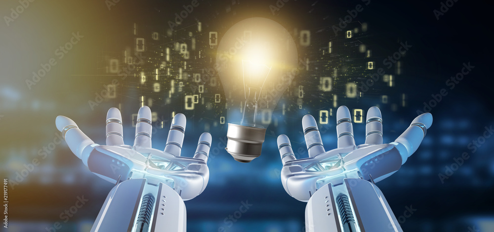 Cyborg hand holding a bulb lamp idea concept with data all around 3d rendering Cyborg hand holding a bulb lamp idea concept with data all around 3d rendering