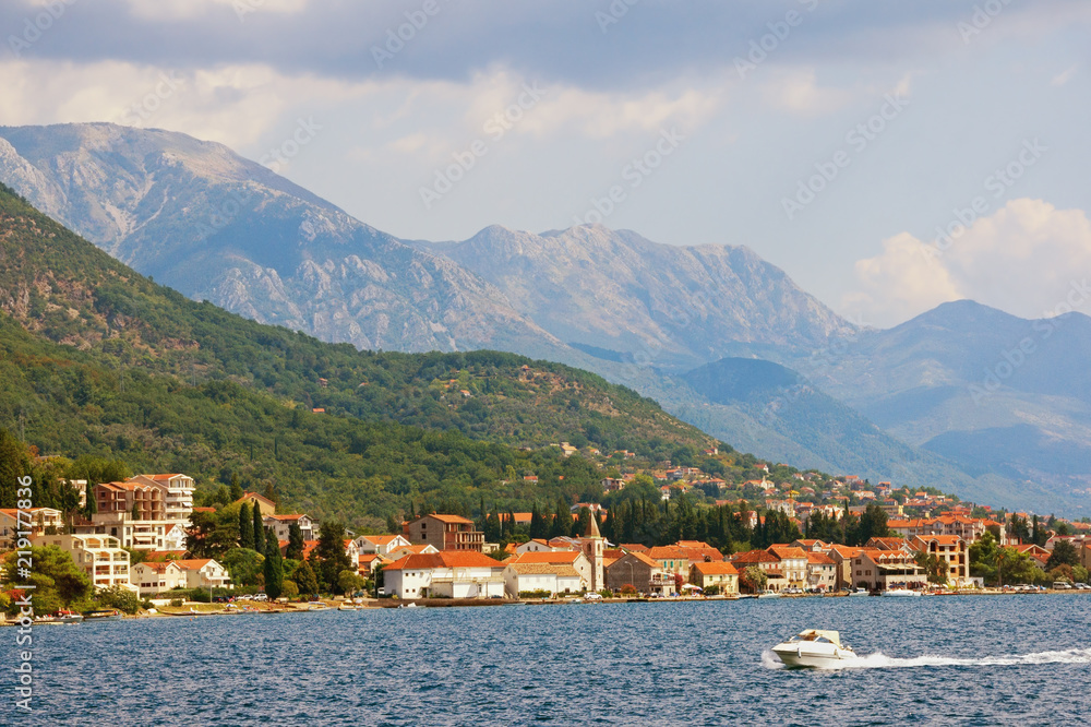 Beautiful summer Mediterranean landscape. Montenegro. View of Bay of Kotor and  Donja Lastva village near Tivat city