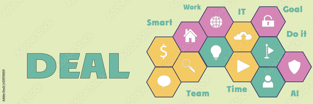 DEAL Panoramic Hi tech banner with hexagons icons and tags DEAL Panoramic Hi tech banner with hexagons icons and tags