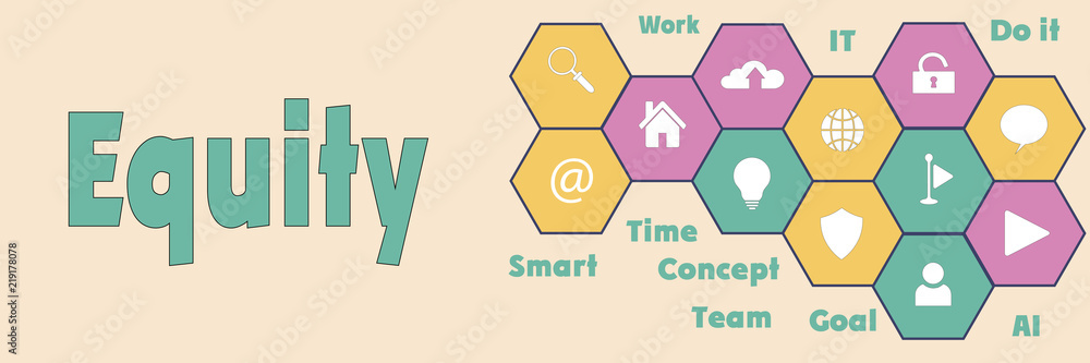 Equity Panoramic Hi tech banner with hexagons icons and tags Equity Panoramic Hi tech banner with hexagons icons and tags